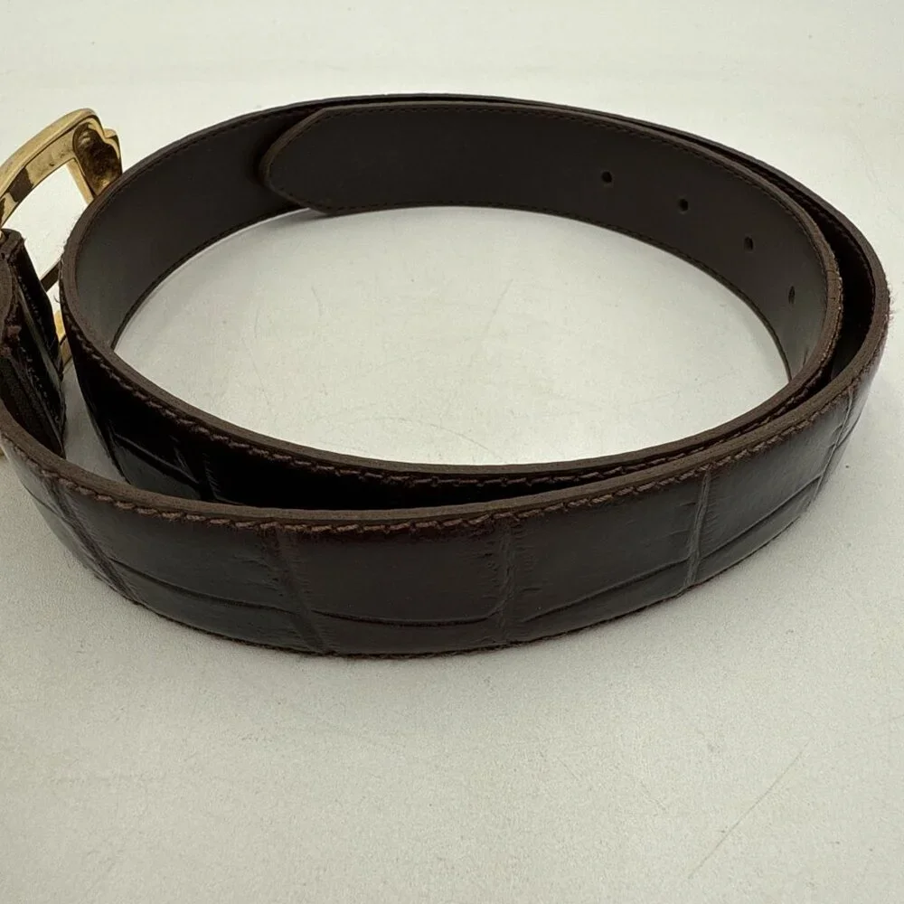 Vintage Tarox Croc Leather Belt Brown Made In Italy Gold Buckle 1